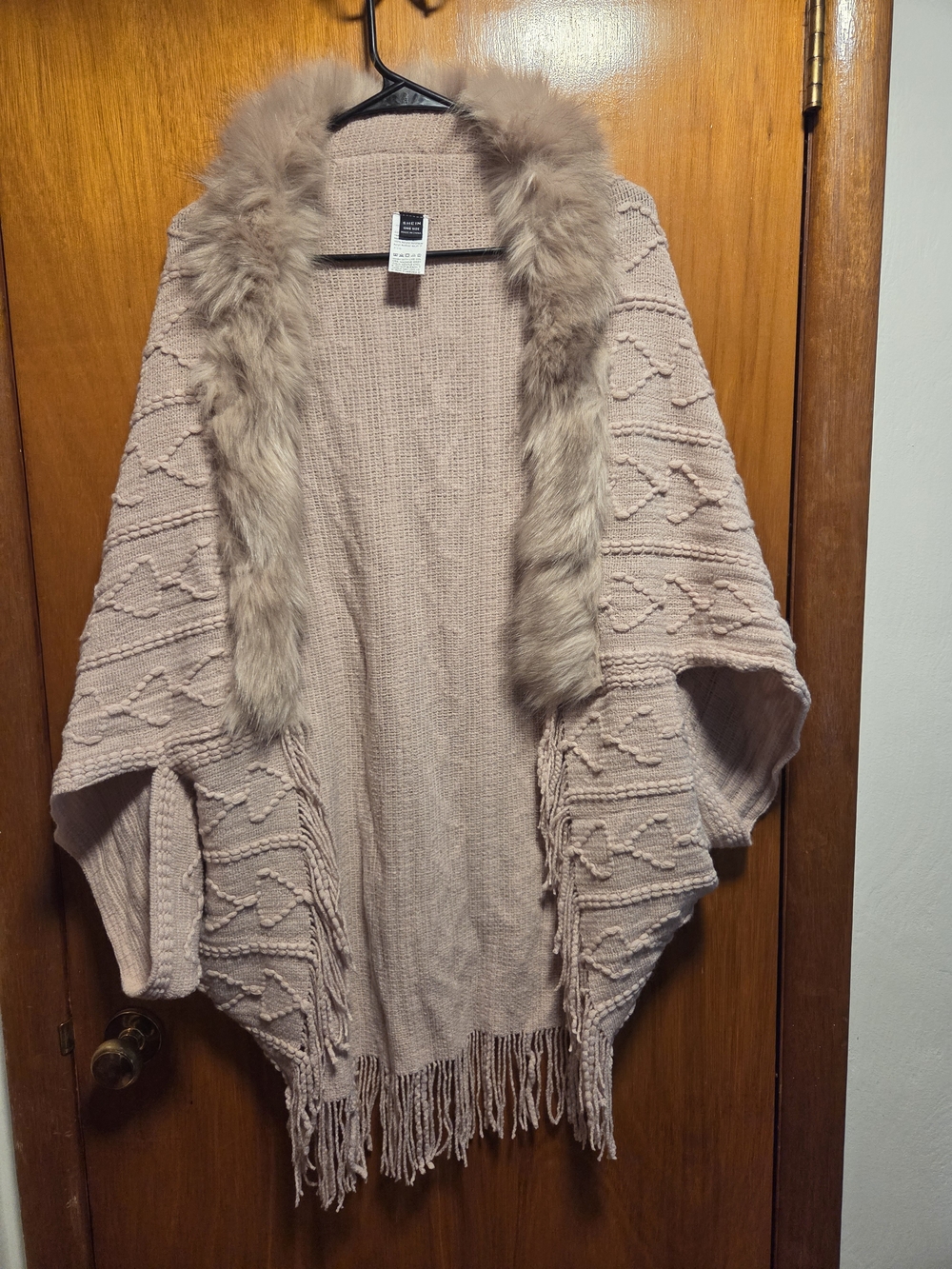 SHEIN Blush Pink Knit Poncho with Faux Fur Trim